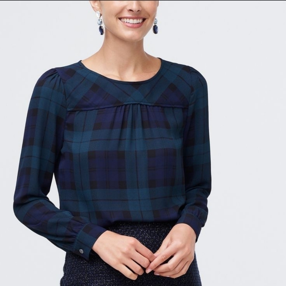 J Crew Plaid Peasant Blouse size S Green Black Flowy Lightweight